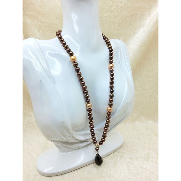 Vintage Sterling Silver Chocolate & Peach Pearl Beaded Necklace With Teardrop Gl - Picture 2 of 4